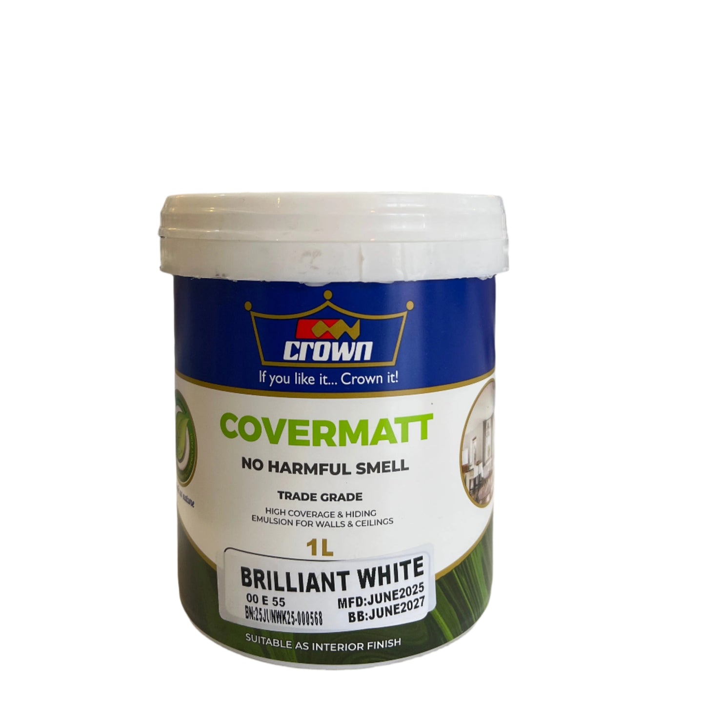 CROWN COVERMATT PAINT - BRILLIANT WHITE - 1L