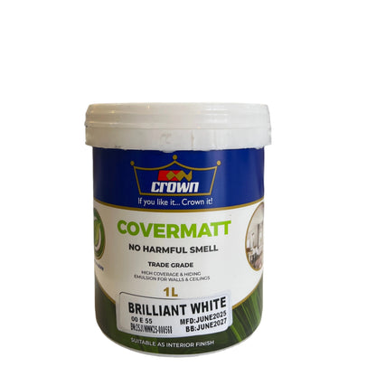 CROWN COVERMATT PAINT - BRILLIANT WHITE - 1L