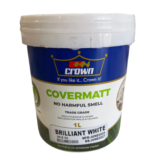 CROWN COVERMATT PAINT - BRILLIANT WHITE - 1L
